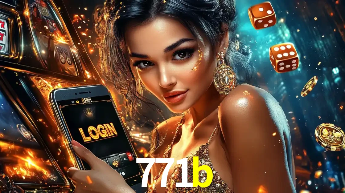 Mulher glamourosa segurando um celular com a tela de login do cassino 771b, rodeada por dados e moedas douradas, pronta para começar a diversão.