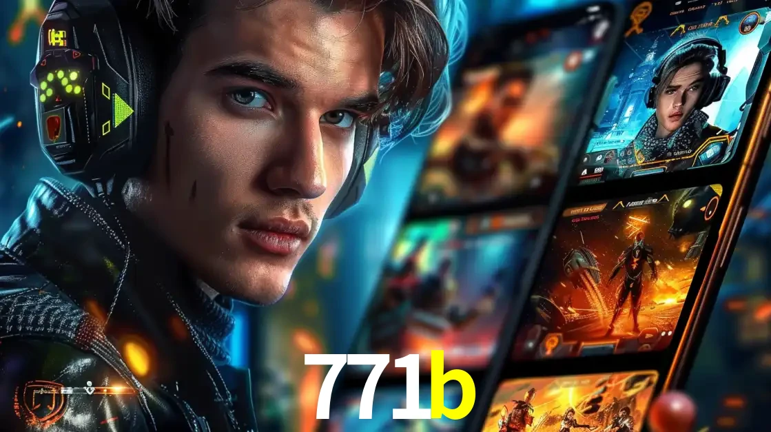 Jovem jogador com fones de ouvido olhando para a câmera, com um aplicativo de jogos e e-sports para celular ao fundo, pronto para a competição e apostas no 771b.