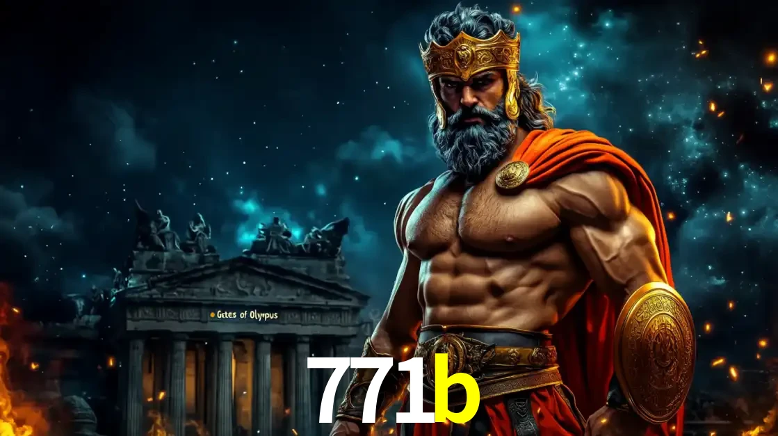 O poderoso Zeus do jogo de slot Gates of Olympus em frente ao seu templo, pronto para lançar multiplicadores divinos e prêmios épicos no cassino online 771b.