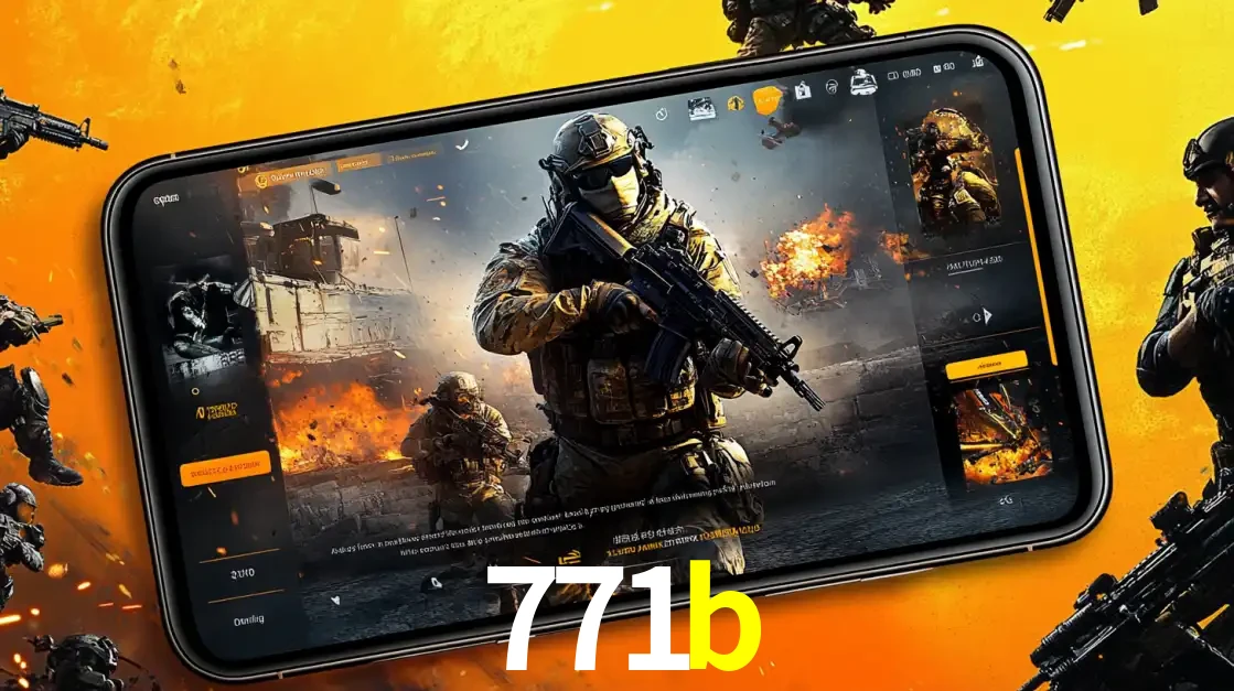 Um smartphone exibindo a interface de um jogo de tiro em primeira pessoa, com um soldado em um cenário de batalha, representando a ação dos e-sports para apostar no 771b.