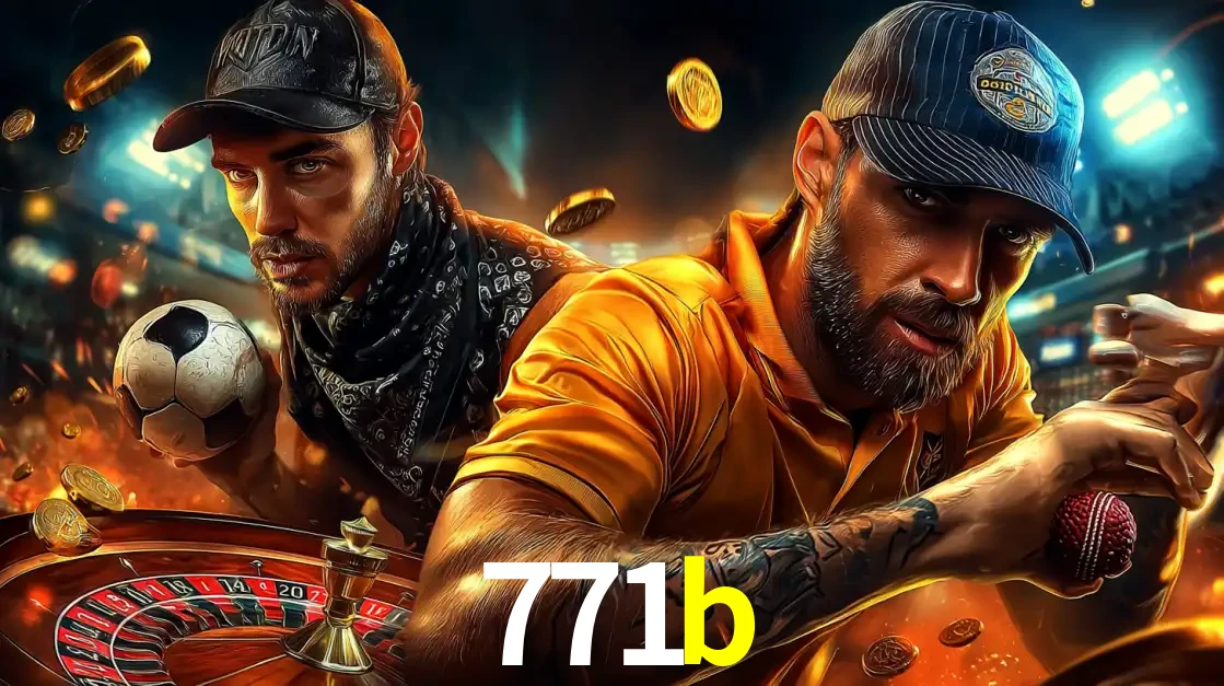 Montagem de apostas esportivas e cassino no 771b, com um homem segurando uma bola de futebol e outro uma de beisebol sobre uma roleta e moedas voadoras.