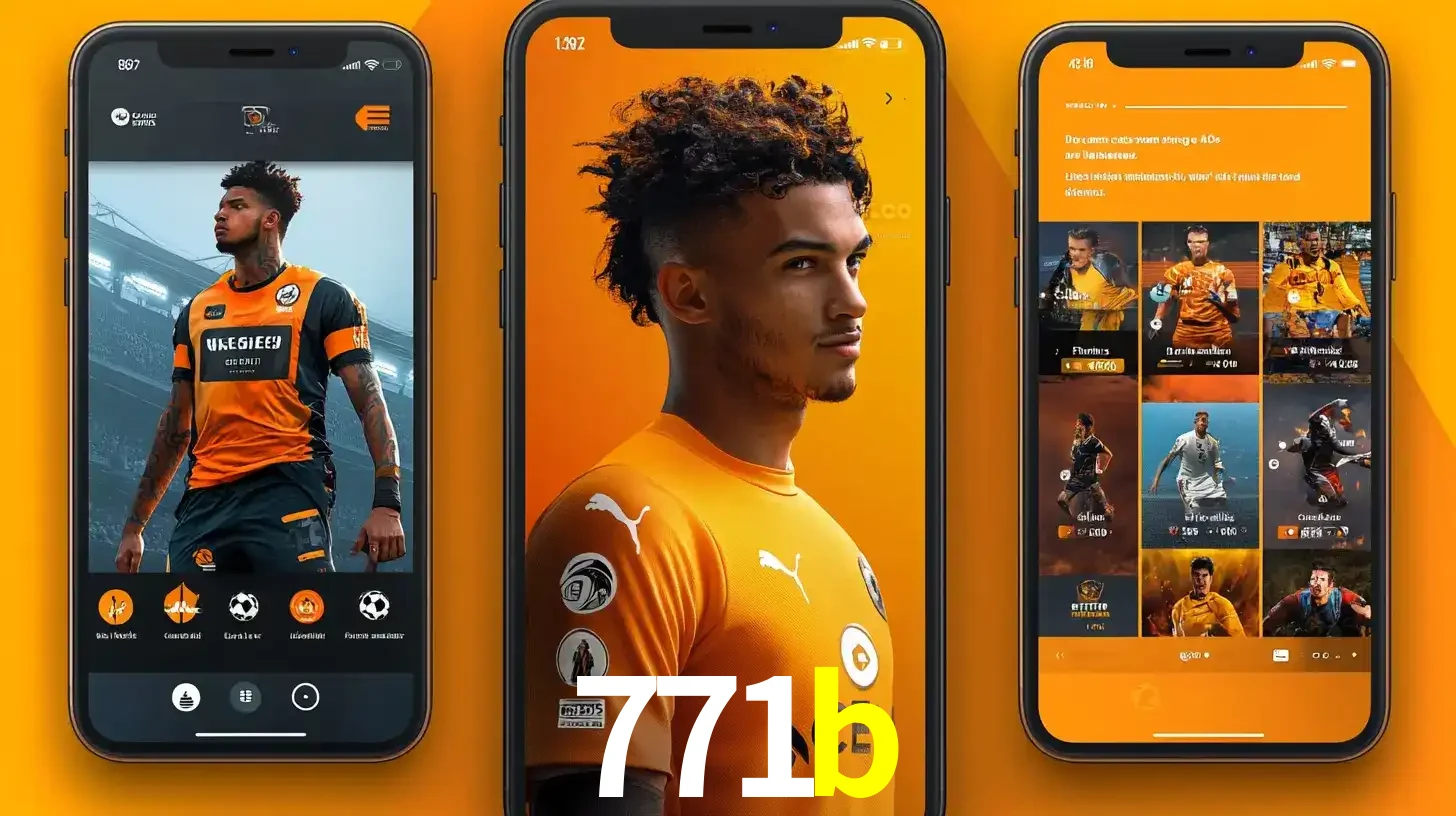 Interface do aplicativo de apostas esportivas 771b em três telas de celular, mostrando o perfil de um jogador de futebol e a lista de jogos disponíveis para apostar.