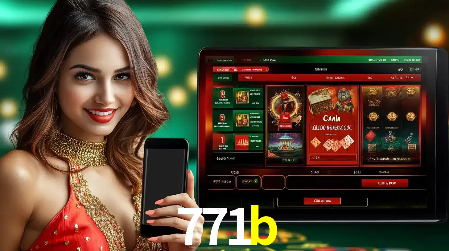 Mulher sorridente segurando um smartphone, ao lado de uma tela exibindo o lobby de jogos do cassino online 771b, com várias opções de jogos de cartas e slots.